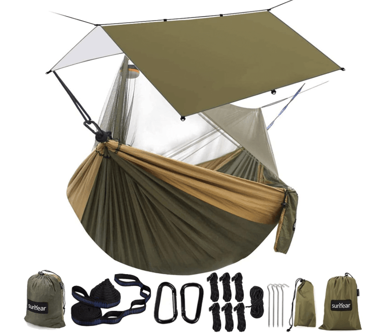 a hammock with a tent and a backpack