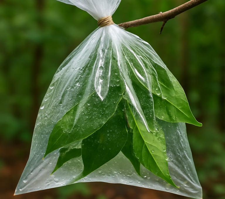 Clear bag of green leaves tied to tree branch to collect condensation