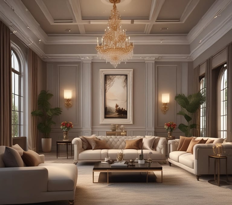 A luxurious glam chic living room with blue and gold accents, featuring elegant furniture and tasteful decor.