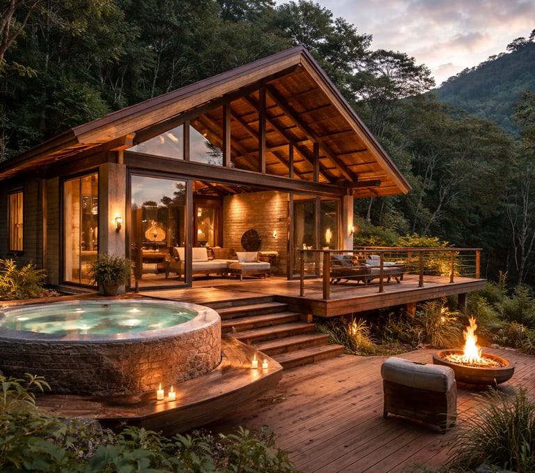 Quarto de pousada boutique com layout funcional e amplas aberturas de vidro