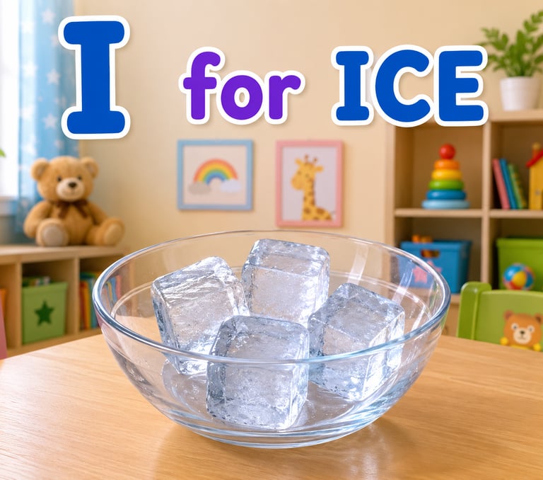 Educational alphabet image showing glass bowl of ice cubes with text I for ICE in a playroom.