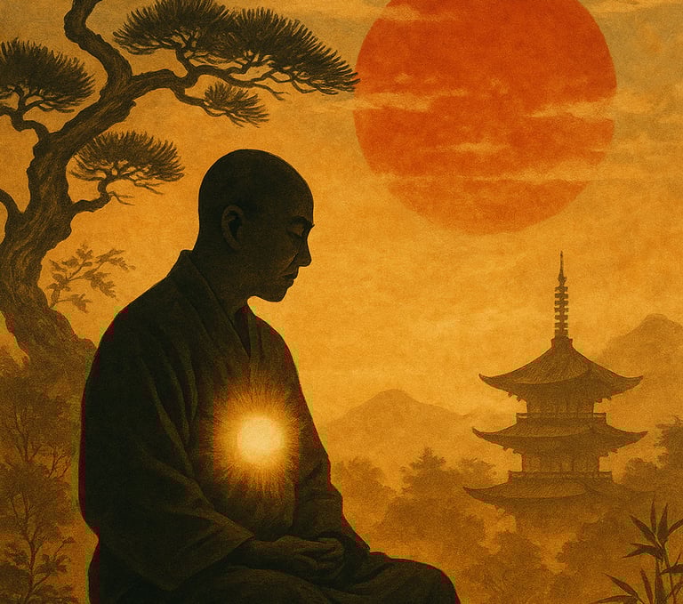 Ilustração de inspiração japonesa mostrando um praticante meditativo com luz no centro do peito.