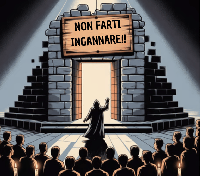 Un uomo in una veste nera è in piedi davanti a un palco con un cartello: "non farti ingannare"