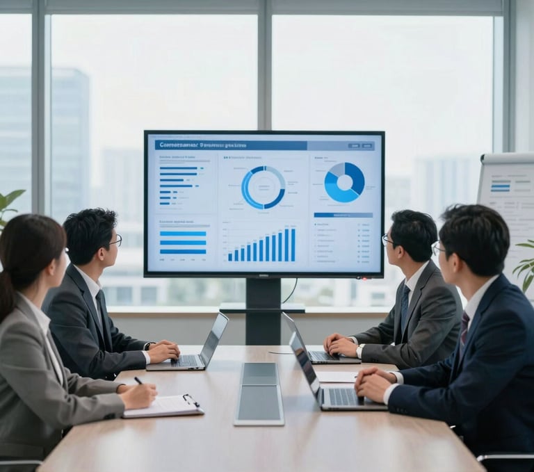 Bright, natural, diffused daylight environmental shot of a modern corporate meeting room, executives analyzing data dashboards on a screen, cool blue and slate tones, 35mm lens