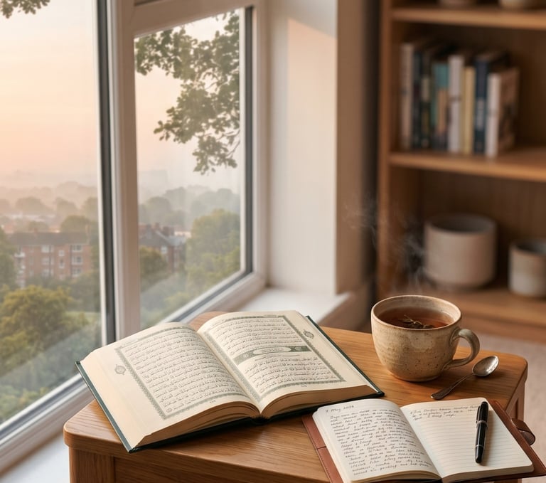 Open Quran and journal on a wooden table with tea by a window at sunrise.