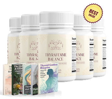 ThyraFemme product lineup showing 3 bottle packages on white background.
