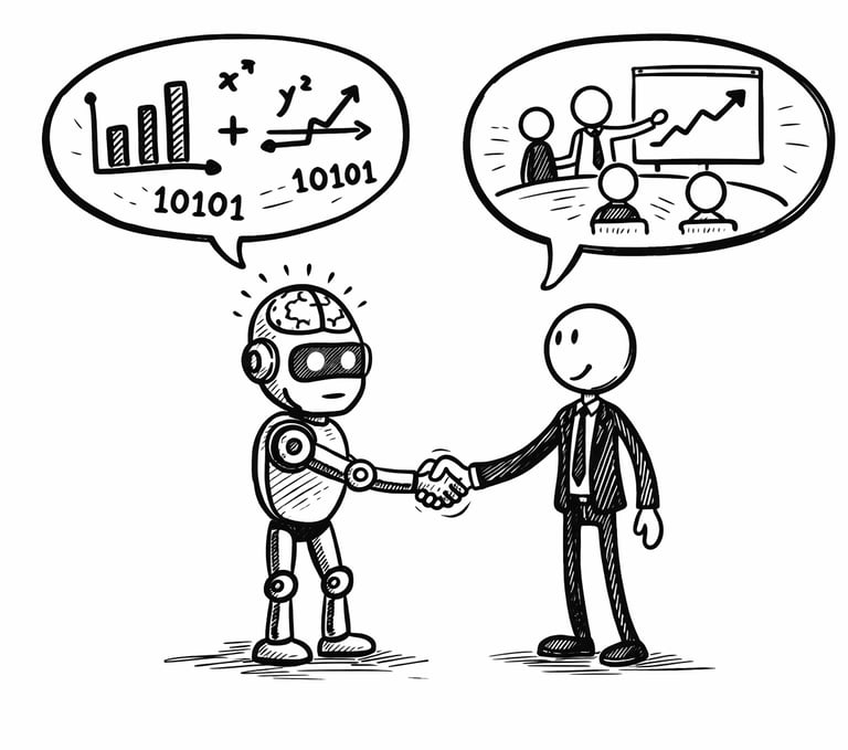 Hand-drawn illustration of a robot and businessman shaking hands, symbolizing AI business integration.