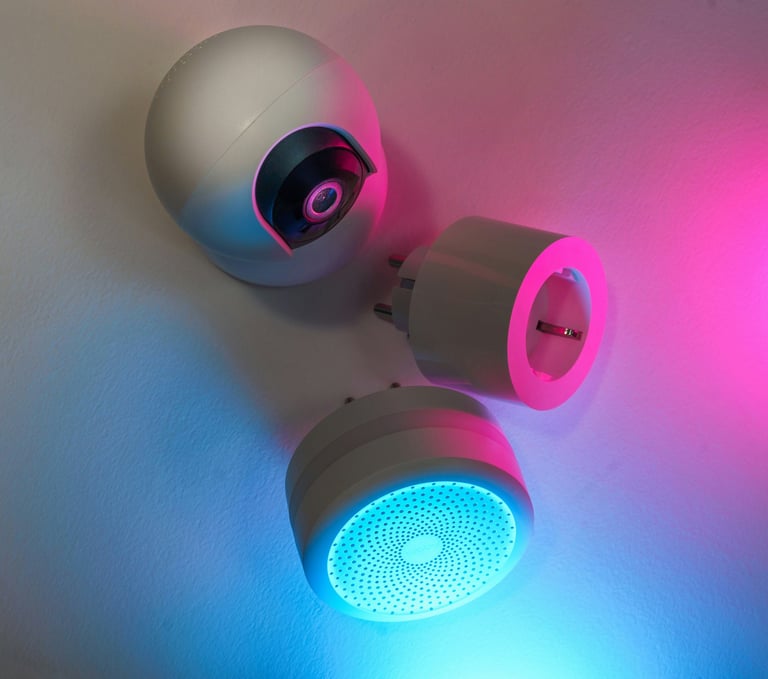 Wall-mounted smart speaker and CCTV with pink-cyan lighting