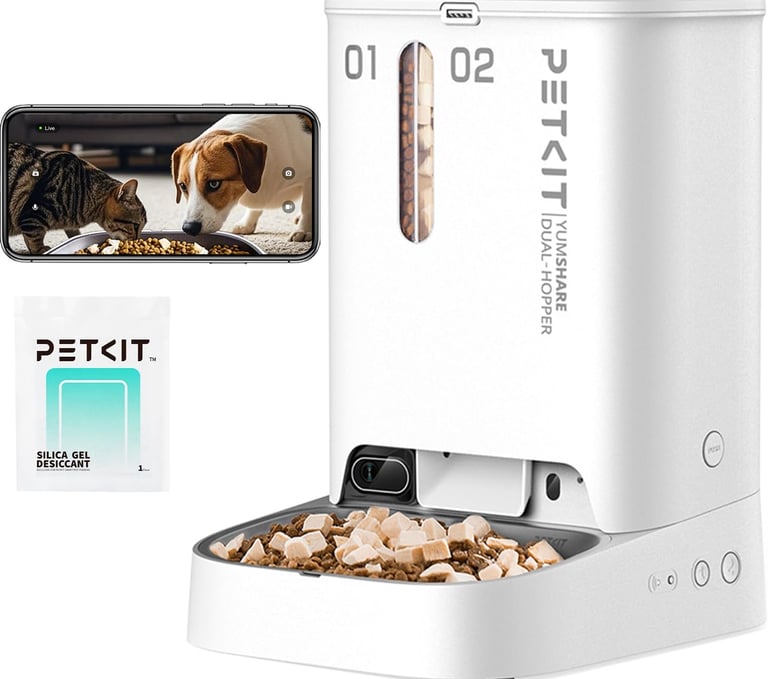 a dog is eating food out of a pet bowl