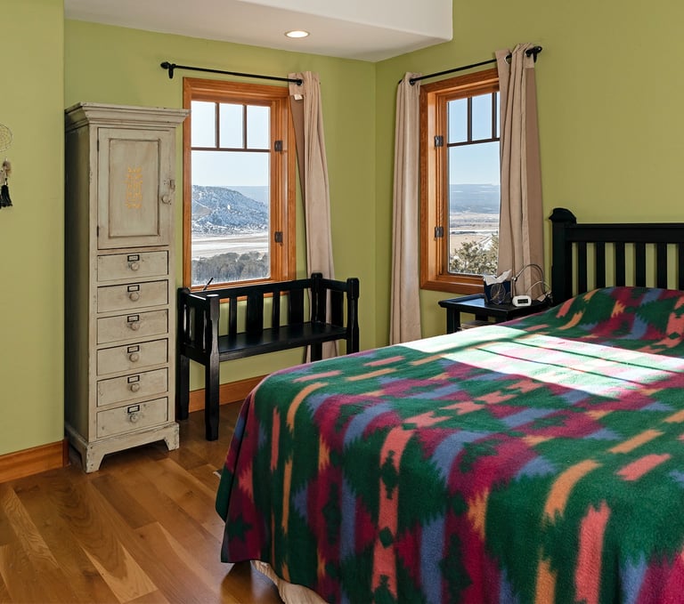 a bedroom with a bed and a dresser