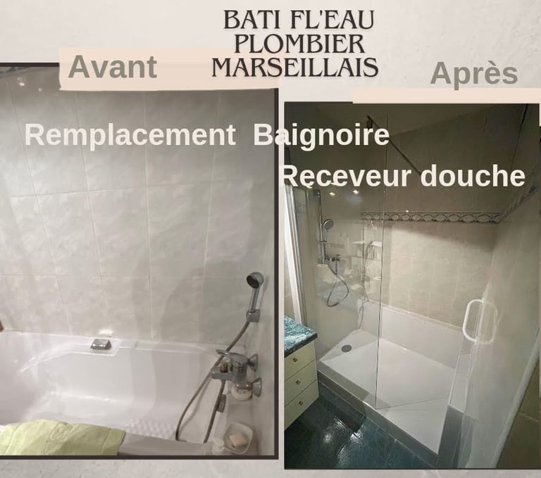 Remplacement baignoire par un receveur de douche à Marseille par le plombier Bati Fl'eau