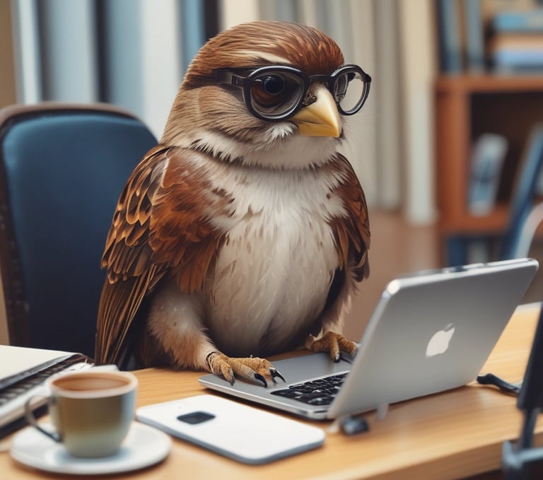 A professional sparrow, wearing glasses, conducting an SEO website audit.