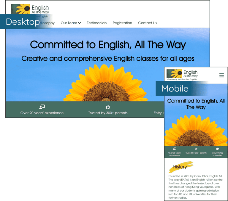 Desktop and mobile screenshot of EATW homepage to show mobile responsiveness and the change in layout