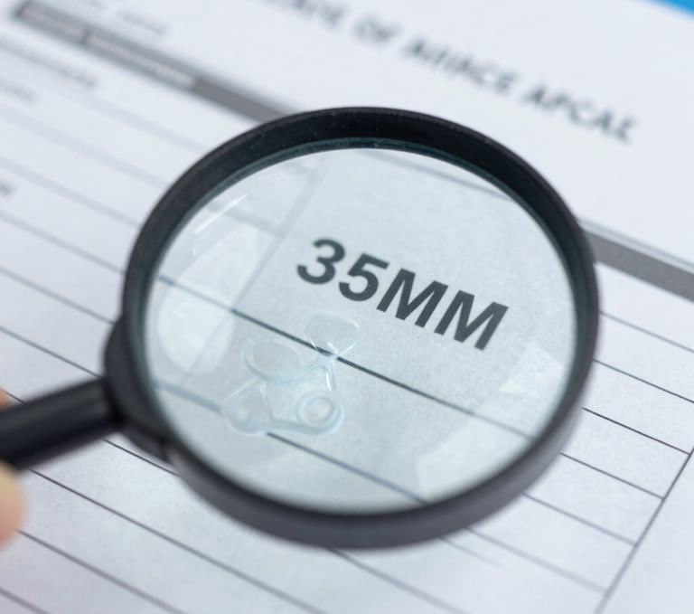 Macro close-up of a printed Certificate of Analysis document with a magnifying glass, sterile laboratory lighting, sharp focus, 35mm