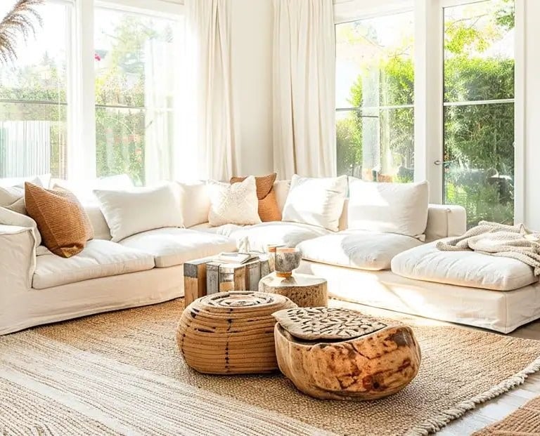 Bright boho living room with a white sectional sofa, jute rug, and rustic wooden coffee tables.