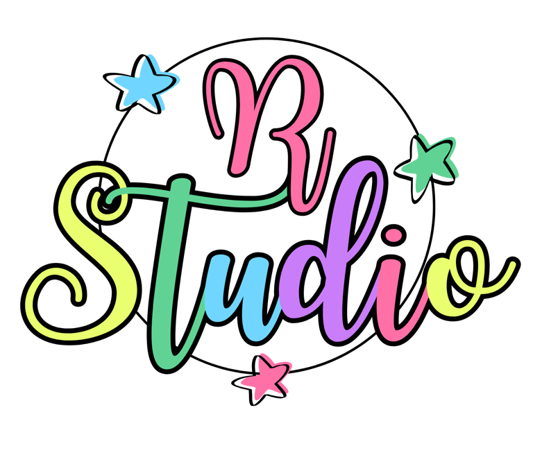 Colorful R Studio logo in cursive font with pastel stars on a black background.