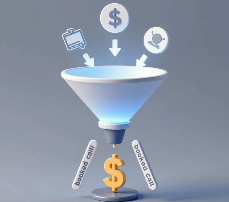 A sleek digital funnel graphic illustrating customer journey stages with bold midnight blue and gold accents.