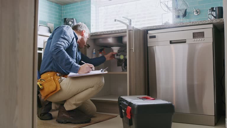 plumber taking notes as he inspects an undersink pipe