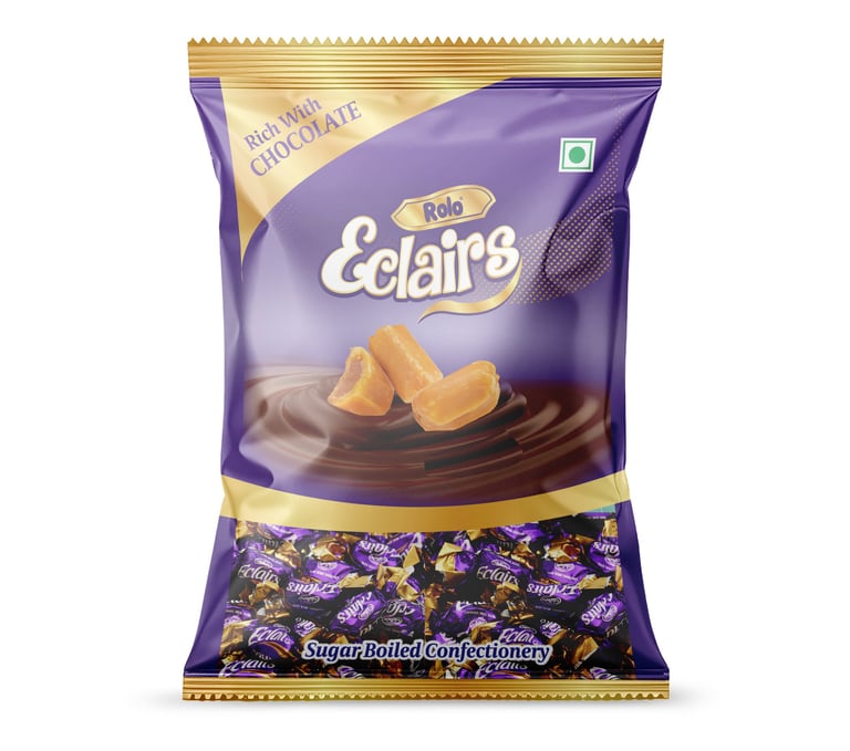 Rich and indulgent packaging design for Rolo Eclair, showcasing creamy caramel and chocolate delight