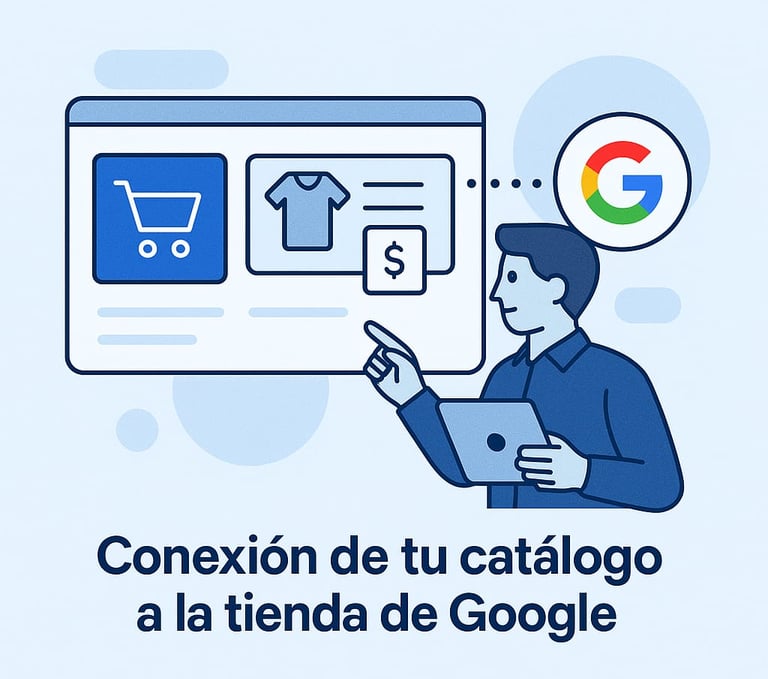 Ilustración de un hombre conectando un catálogo de productos online (mostrado en un navegador web con un carrito de compras y