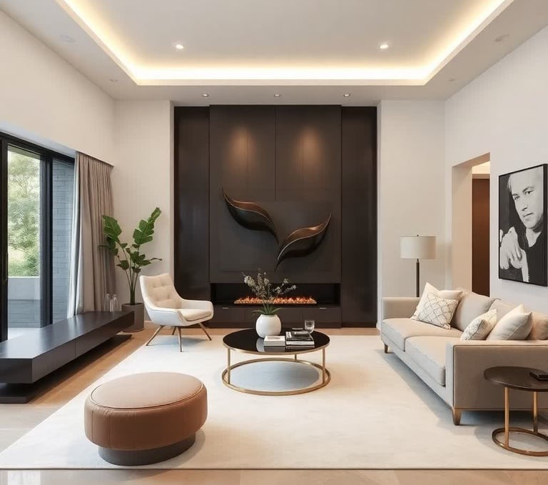 a modern living room with a couch and a rug