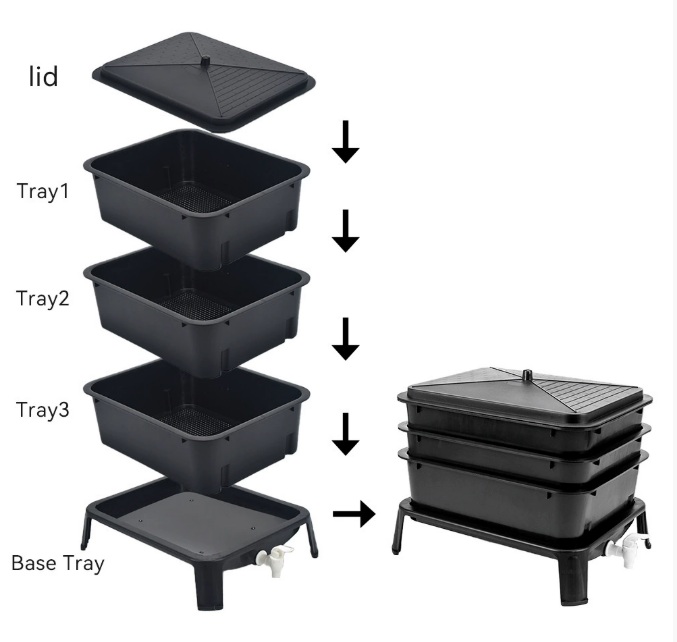 A three tray worm composting bin