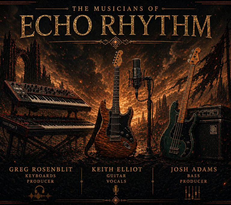 The Musicians of Echo Rhythm band poster featuring guitars, keyboards, and microphone in a cinematic setting.
