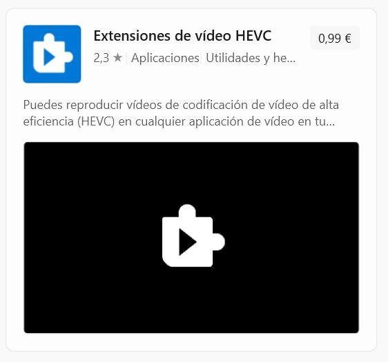 Captura de Microsoft Store de las Extensiones de vídeo HEVC que cuestan 0,99€.