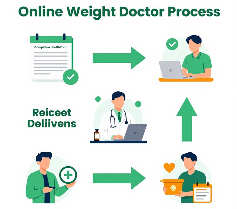 Telehealth weight loss program steps showing how to get online GLP-1 prescription no insurance