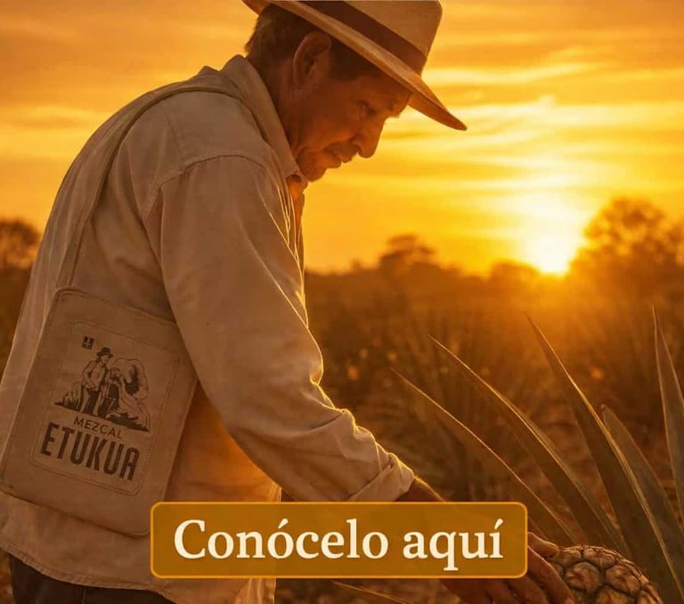 Maestro mezcalero de Etukua seleccionando piñas de agave maduras en el campo al atardecer