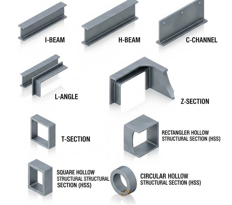 Diagram showing various structural steel beam shapes including I-beam, H-beam, C-channel, L-angle, and HSS sections.