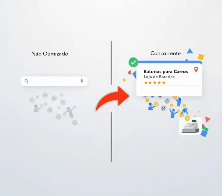 Infográfico comparativo mostrando uma empresa não otimizada com busca vazia versus um concorrente com alto fluxo de clientes.