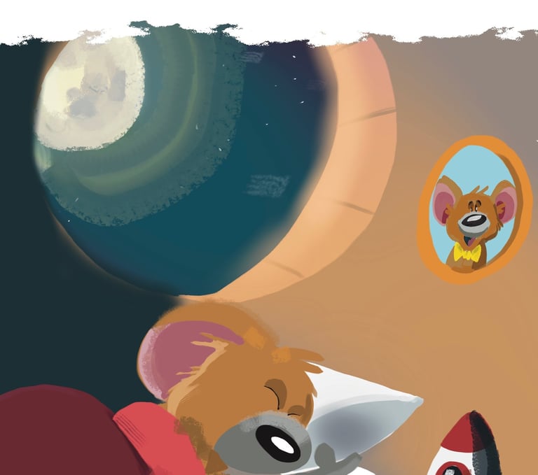 A mouse sleeping with the moon shining through his window