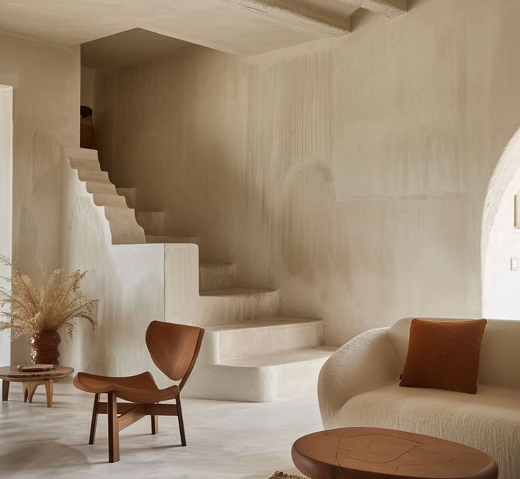 Modern minimalist living room with plaster walls, curved white sofa, and a sculptural wooden lounge chair.