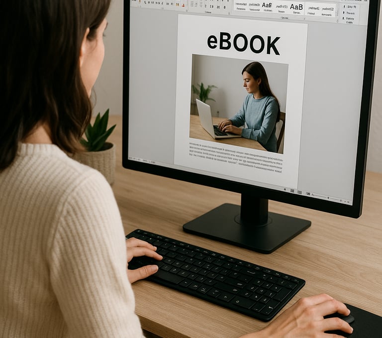 donna che crea un ebook PLR personalizzato al computer