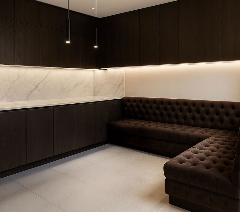 Rich brown tufted kitchen banquette with corner seating, designed by Solo Home Décor for elegant residential interiors.