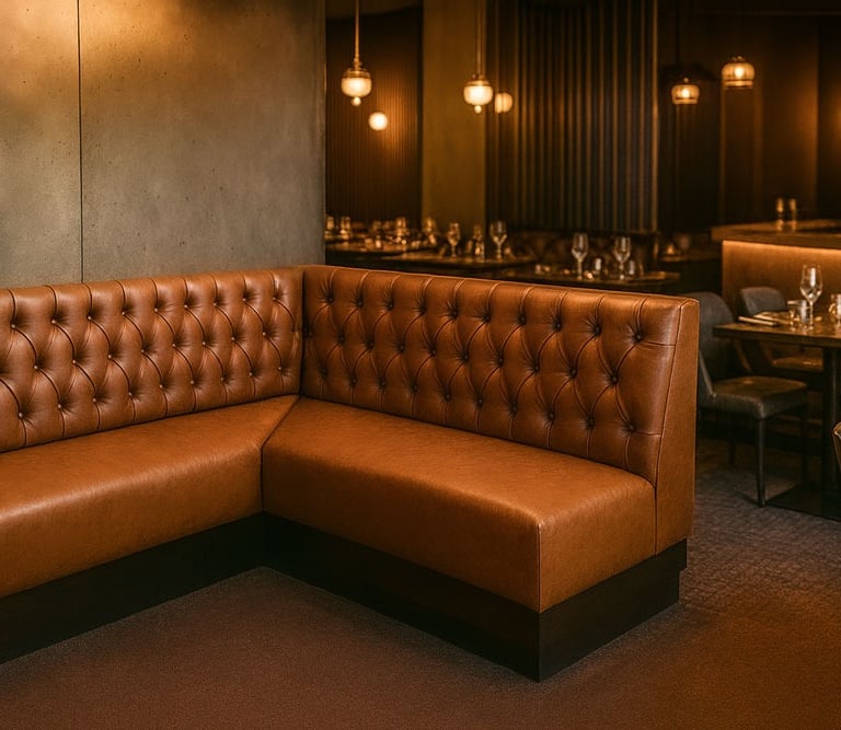 Custom brown leather banquette seating for restaurant dining by Solo Home Decor