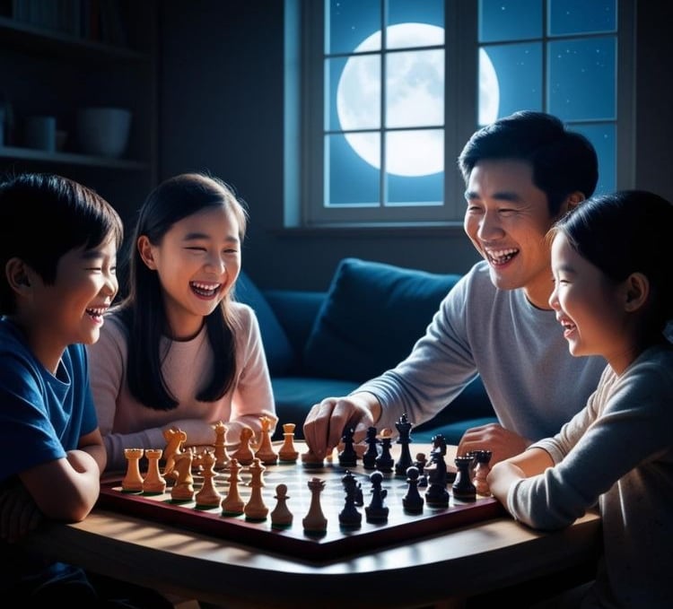 bố mẹ con cái chơi cờ vua cười vui trong giờ trái đất