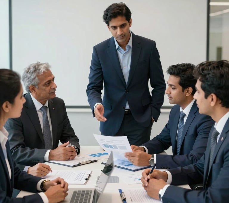 A diverse group of professional South Asian / Indian business leaders in a modern corporate boardroom analyzing data and discussing strategy, natural lighting, deep navy and white office accents.