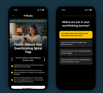 A mental wellness app interface on mobile screens for overthinking and anxiety relief.