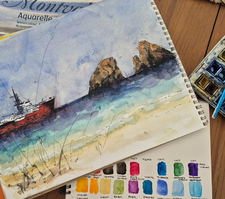 Watercolor journal, showing a painting of a boat and a famous landmark of Paros