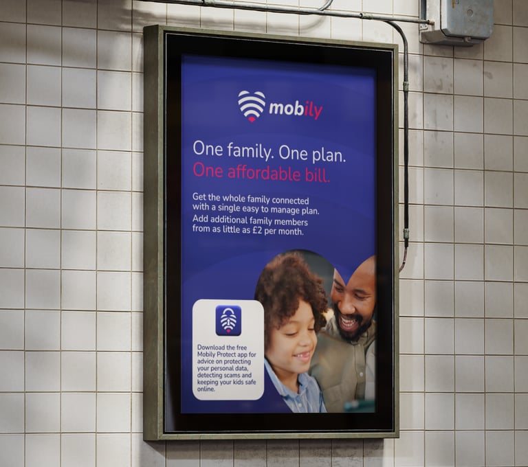 Mobily A1 poster with headline "One family. One plan. One affordable bill."