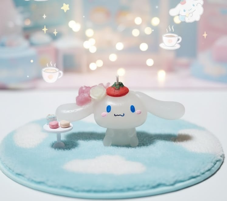 Vela artesanal inspirada en anime de personaje tipo Cinnamoroll, diseño tierno y decorativo.