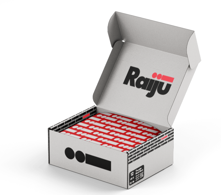 Open Raiju shoe box in white with poppy red tissue