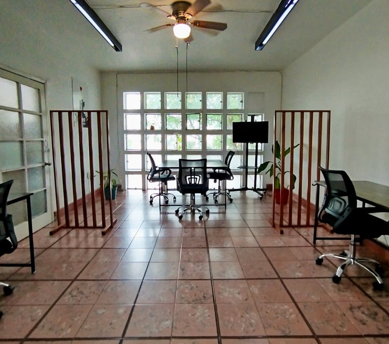 a office with a ceiling fan and a ceiling fan