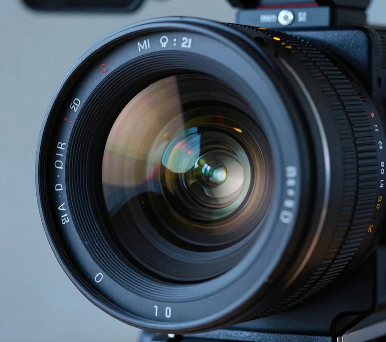 A detailed shot of a cinema camera lens with reflections of a professional studio lighting setup in dark navy and steel blue tones.