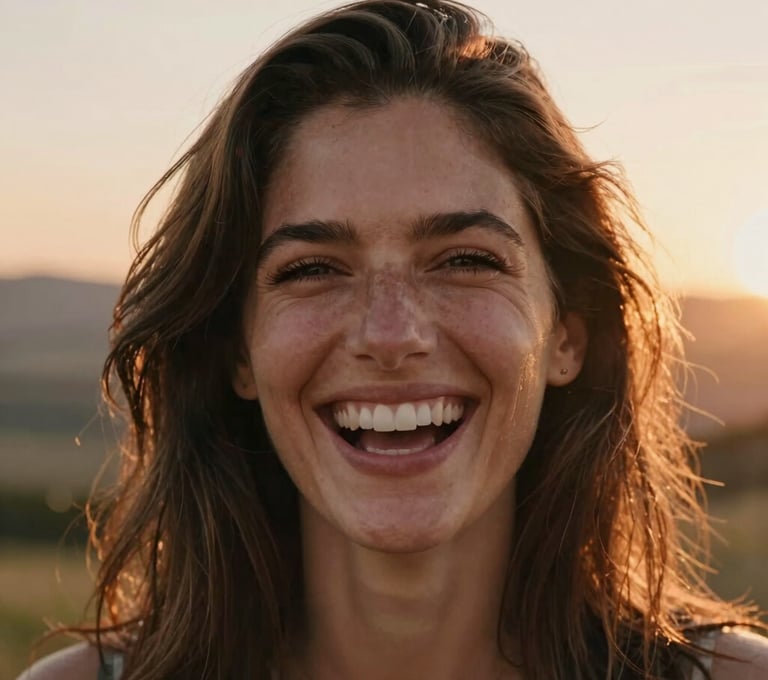 A close-up portrait of a laughing woman with sun-kissed hair, Southern European / Italian features, back-lit by a warm sunset, soft focus background of rolling hills.