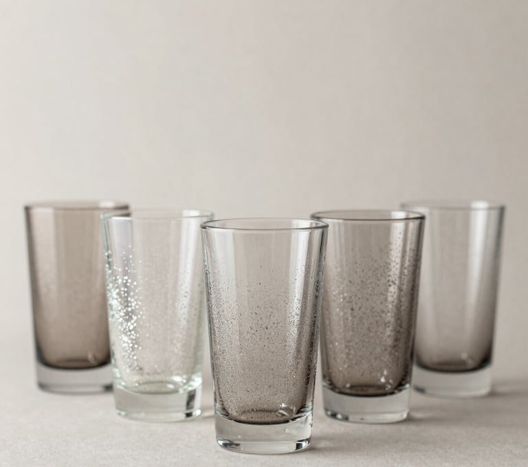 A row of stunning custom glitter tumblers with professional finishes in a palette of #D4BEAE and #8C6B5E. Clean, modern composition on a neutral background.