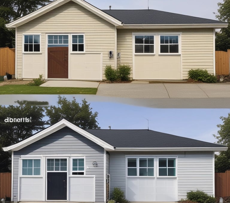 Before and after of a freshly painted Vancouver home exterior in red, blue, and white tones.