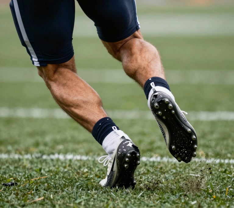 A high-speed photograph of a running back's cleats digging into the turf, throwing up grass and dirt. Focus is sharp on the power of the lower body. Lighting is dynamic and professional, fitting the athletic excellence theme.